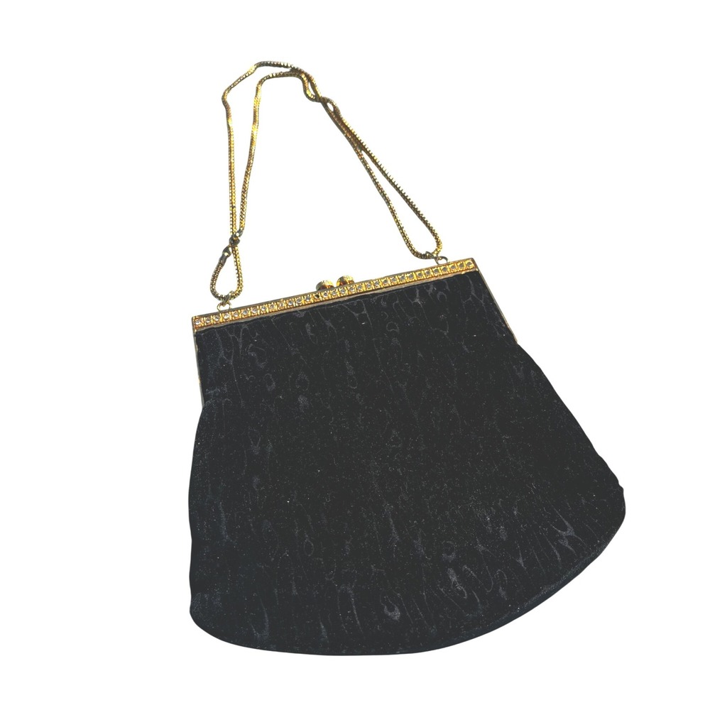 Vintage Gold Chain Strap Black Velvet Evening Bag Clutch‎ Purse Rhinestones